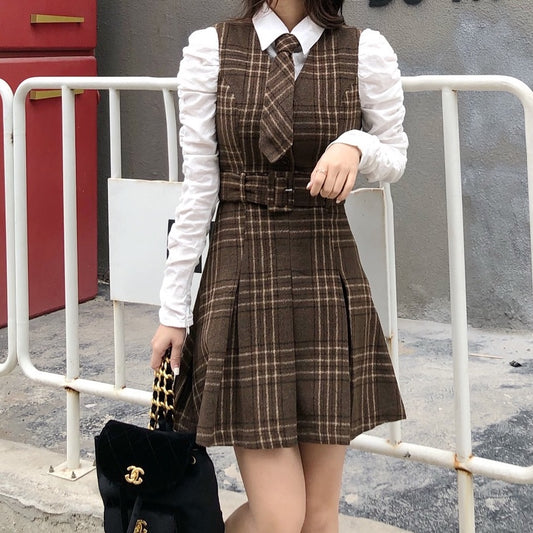 Coffee Plaid Pinafore Dress / Blouse (Brown)