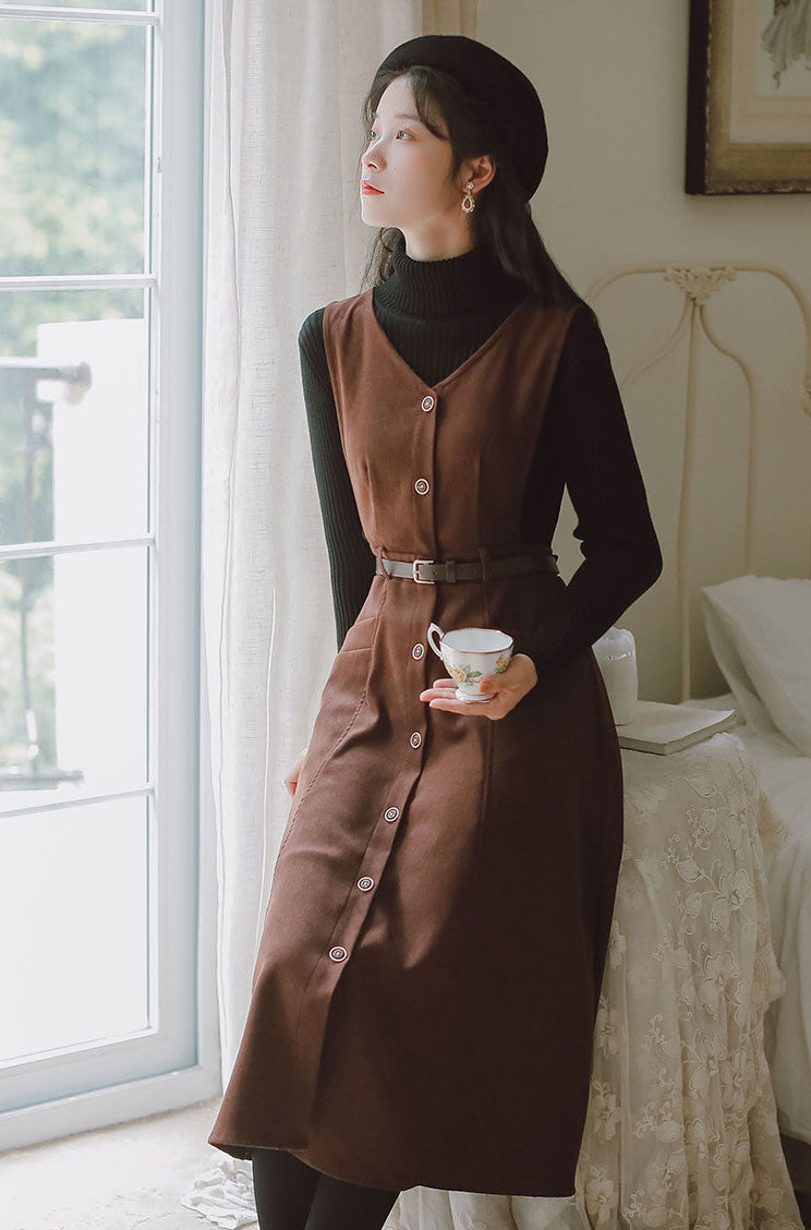 Button Up Suede Pinafore Dress (4 Colors)