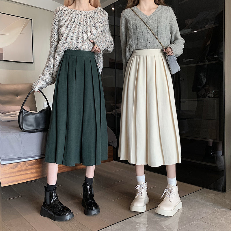 Corduroy Suede Pleated Midi Skirt (6 Colors)