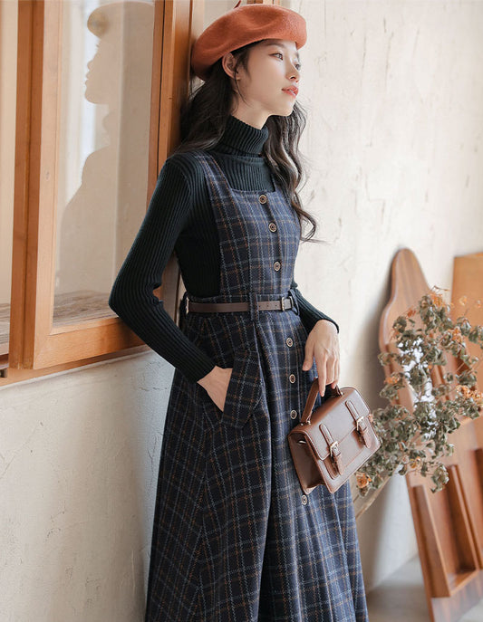 Button Up Plaid Pinafore Dress (2 Colors)