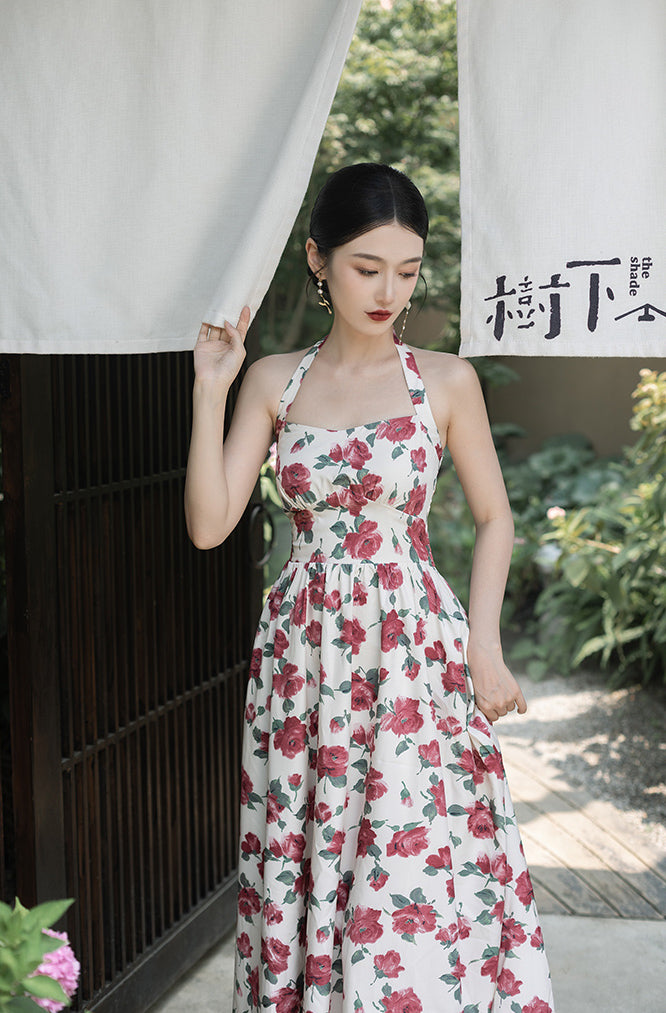 Retro Rose Midi Dress (White/Red)