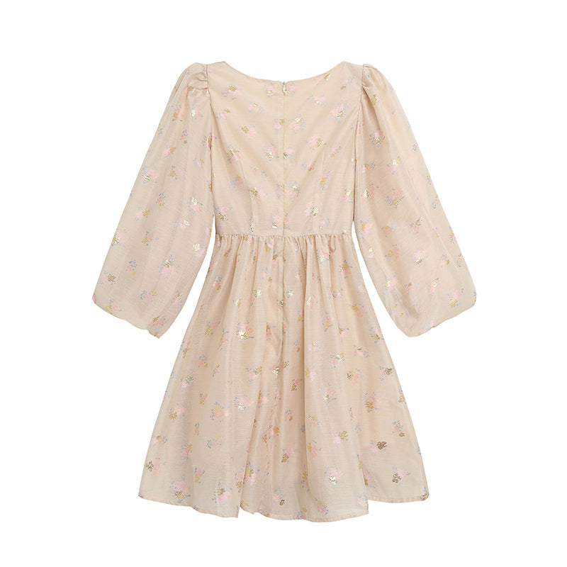Puff Sleeve Bow Floral Jacquard Dress (Beige)