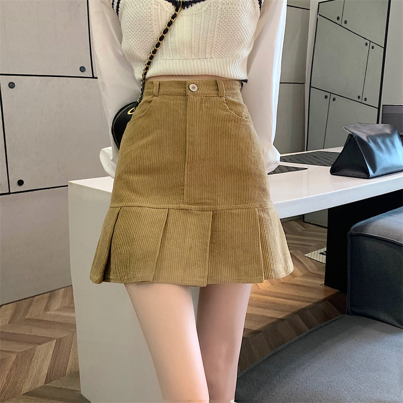 Corduroy Mermaid Pleated Skirt (2 Colors)