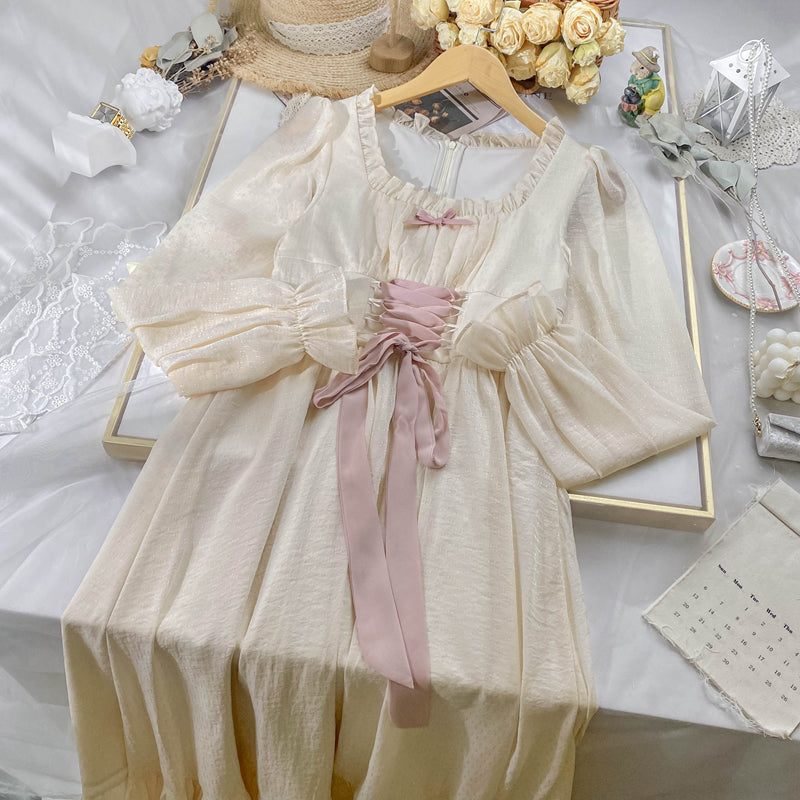 Meadow Corset Midi Dress (White/Pink)