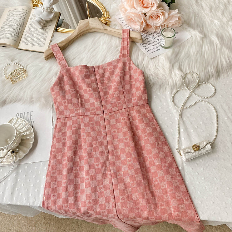 Heart Checkerboard Asymmetrical Dress (Pink)