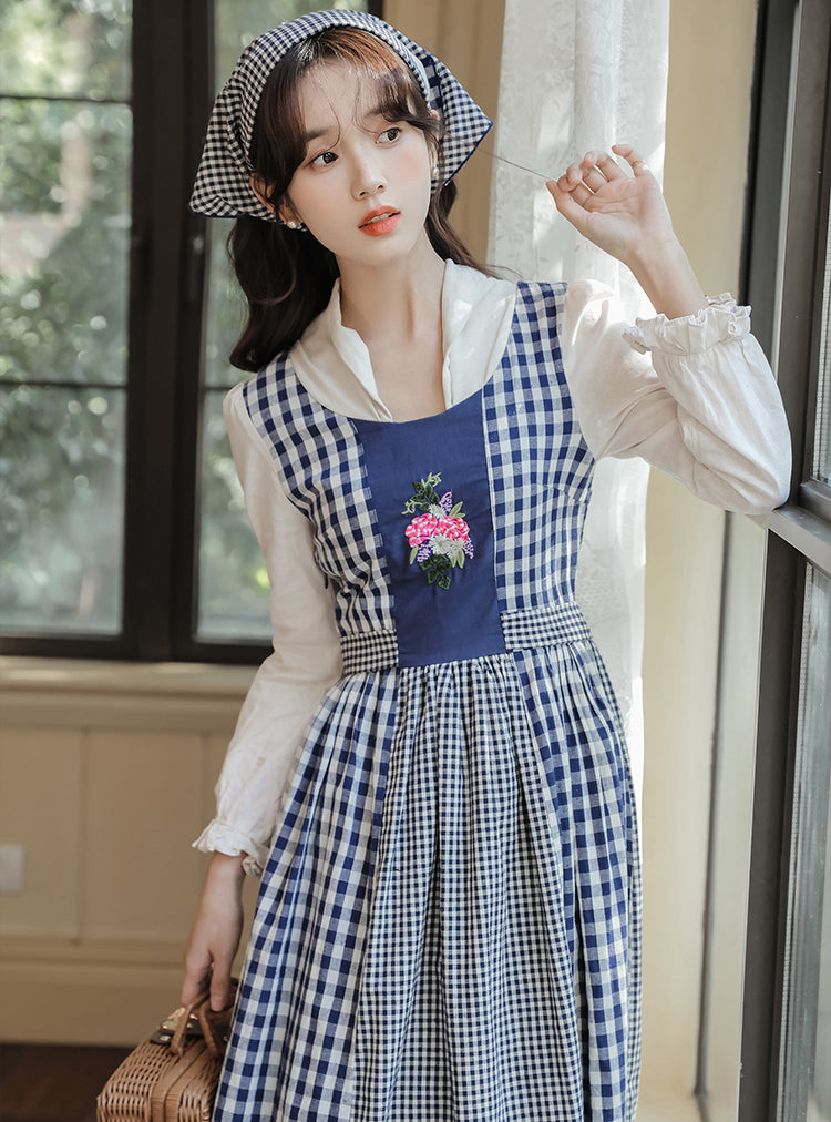 Gingham Pastures Twofer Midi Dress (Blue/White)