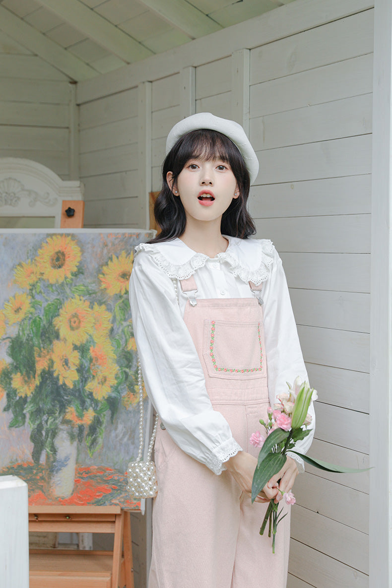 Daisy Chain Embroidered Denim Overalls (Pink)