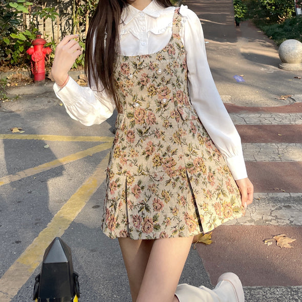 Rustic Floral Twofer Dress (White/Khaki)