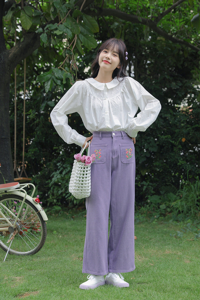 Embroidered Floral Pocket Jeans (Purple)