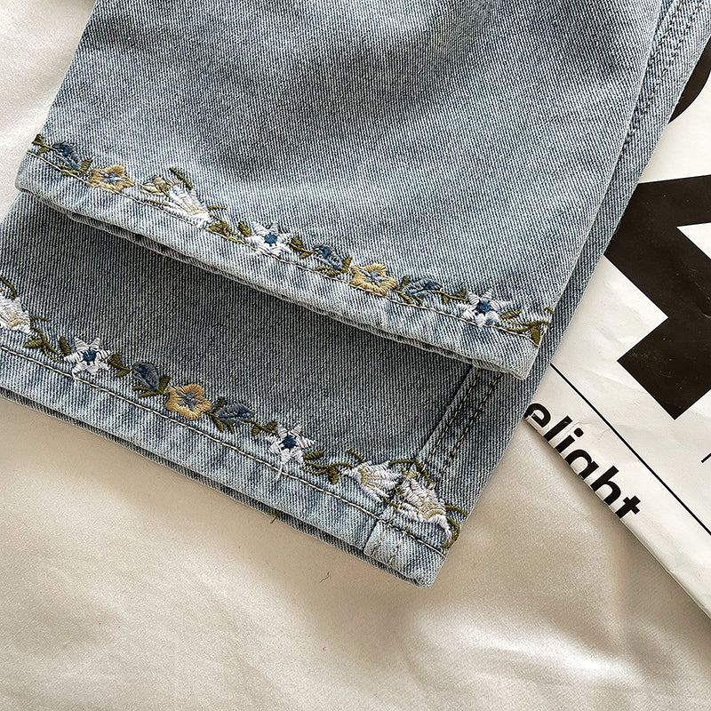 Flower Hem Embroidered Jeans (Acid Wash)