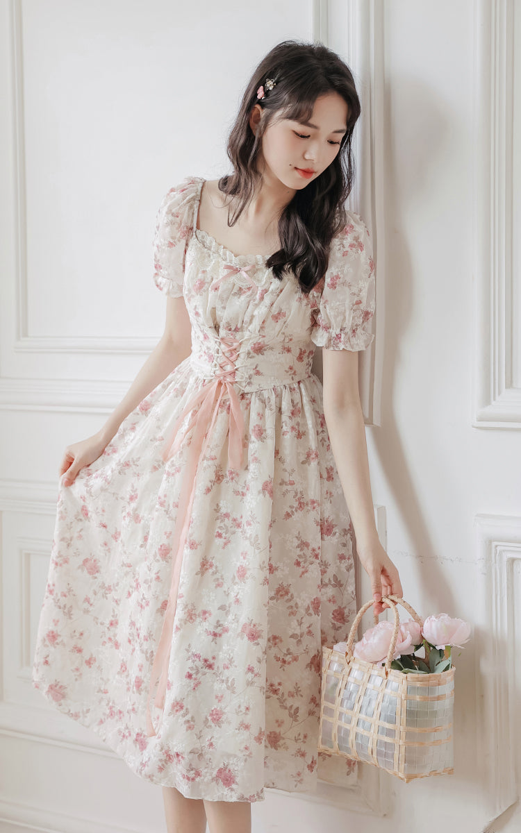 Cherry Blossom Lace Up Dress (White/Pink)