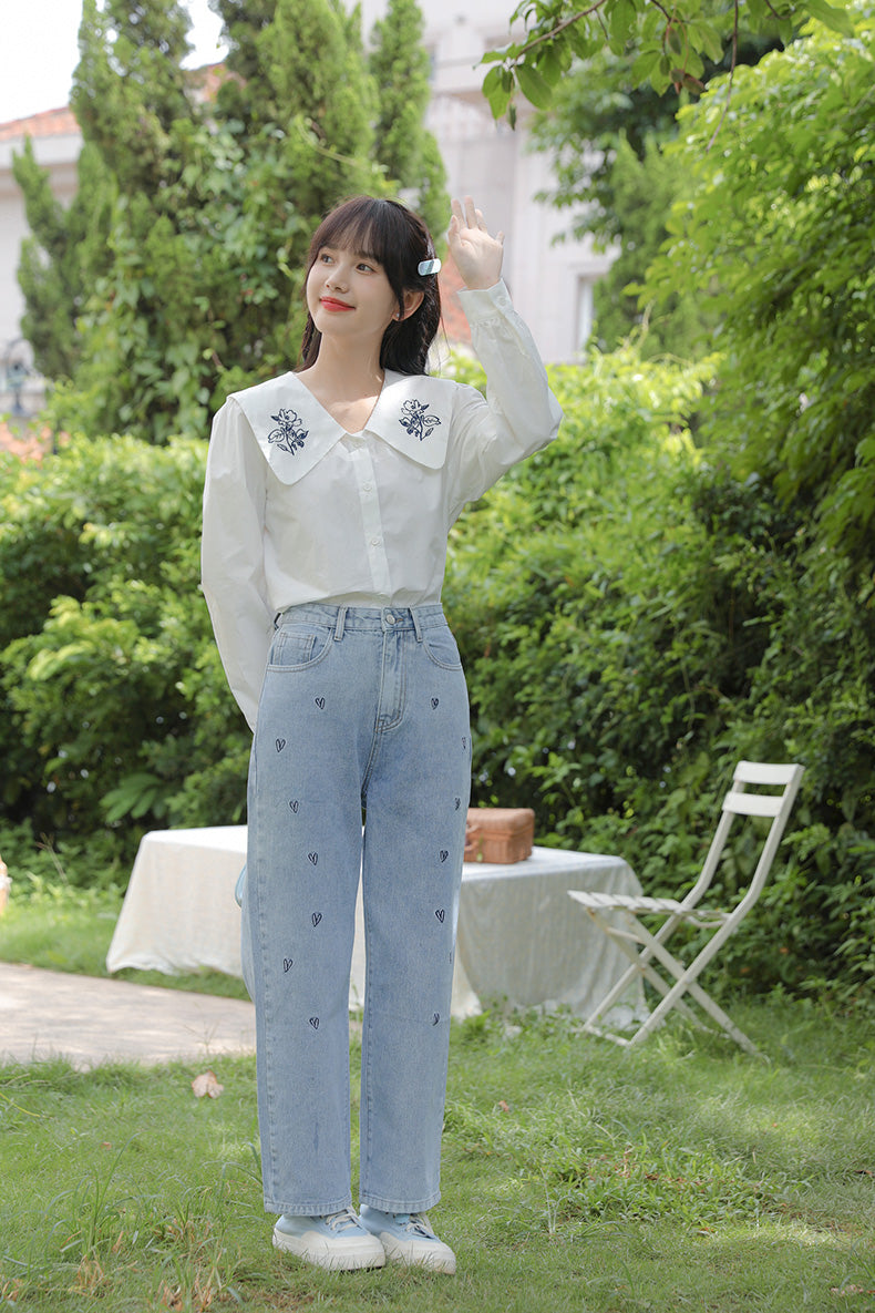 Doodle Hearts Embroidered Jeans (Light Denim)