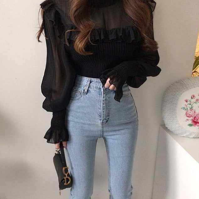 Ruffle High Neck Mixed Shirt (2 Colors)