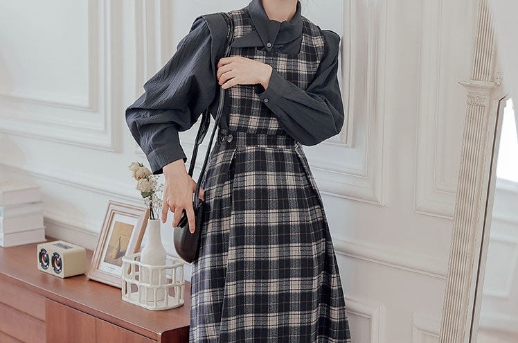 Crepe Plaid Pinafore Dress Set (2 Colors)