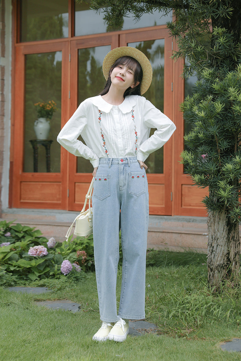 Embroidered Rose Pocket Jeans (Light Denim)