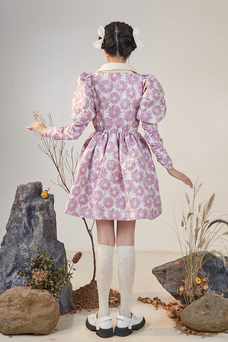 Puff Sleeve Daisy Jacquard Dress (Pink)