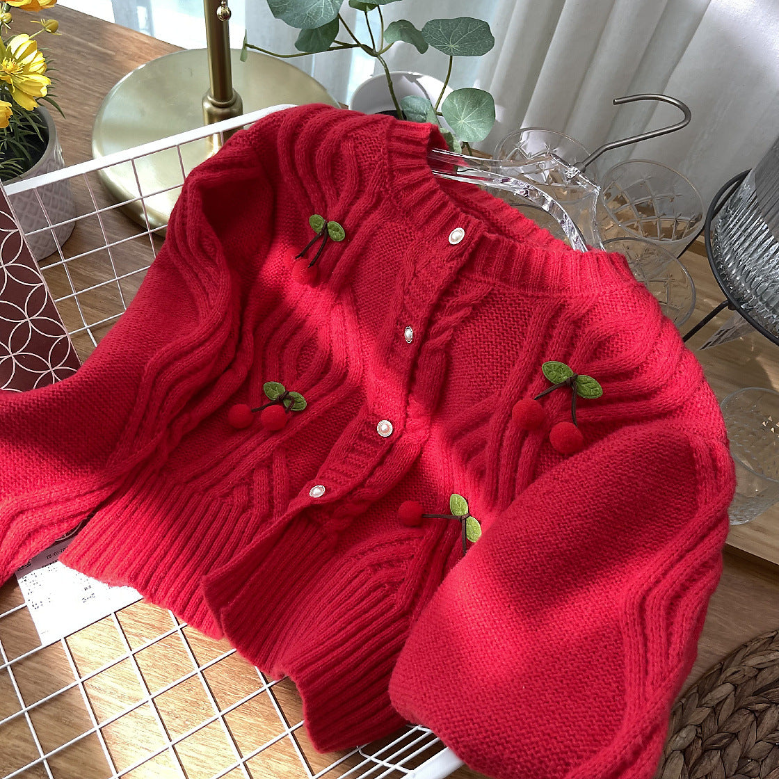 Cherry Pom Pom Cropped Cardigan (4 Colors)