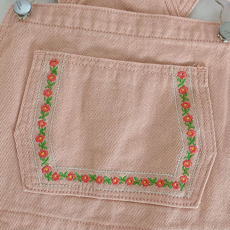 Daisy Chain Embroidered Denim Overalls (Pink)