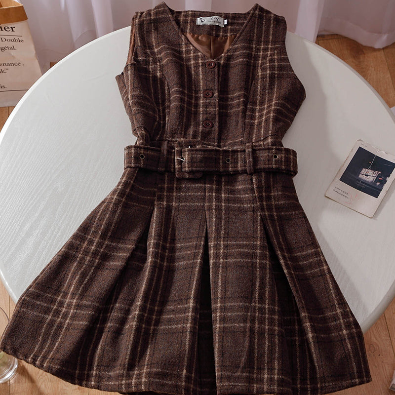 Coffee Plaid Pinafore Dress / Blouse (Brown)