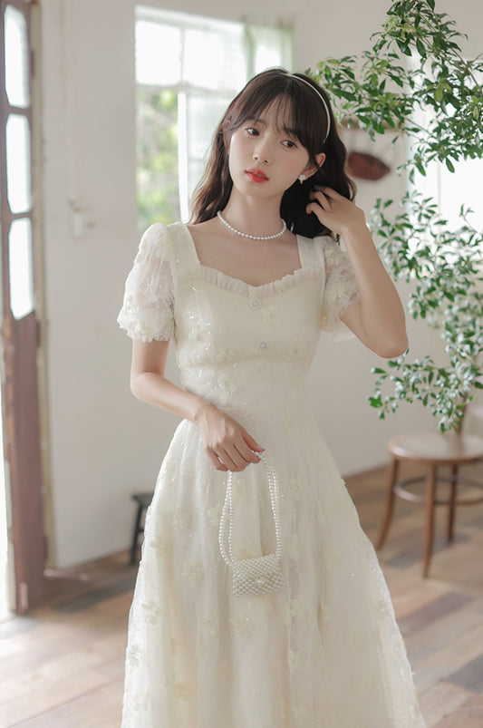 Delicate Flower Sequin Maxi Dress (White)