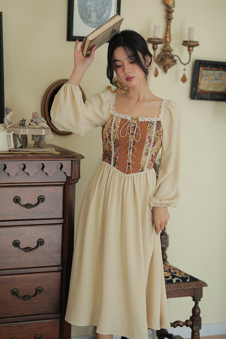 Rustic Rose Lace Up Corset Midi Dress (Pink/Cream)