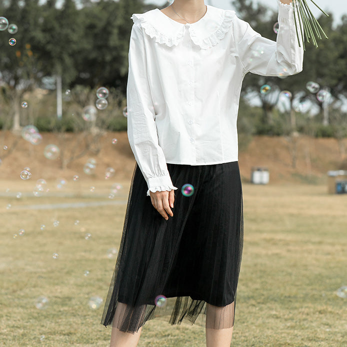 Eyelet Peter Pan Collar Button Up Shirt (White)