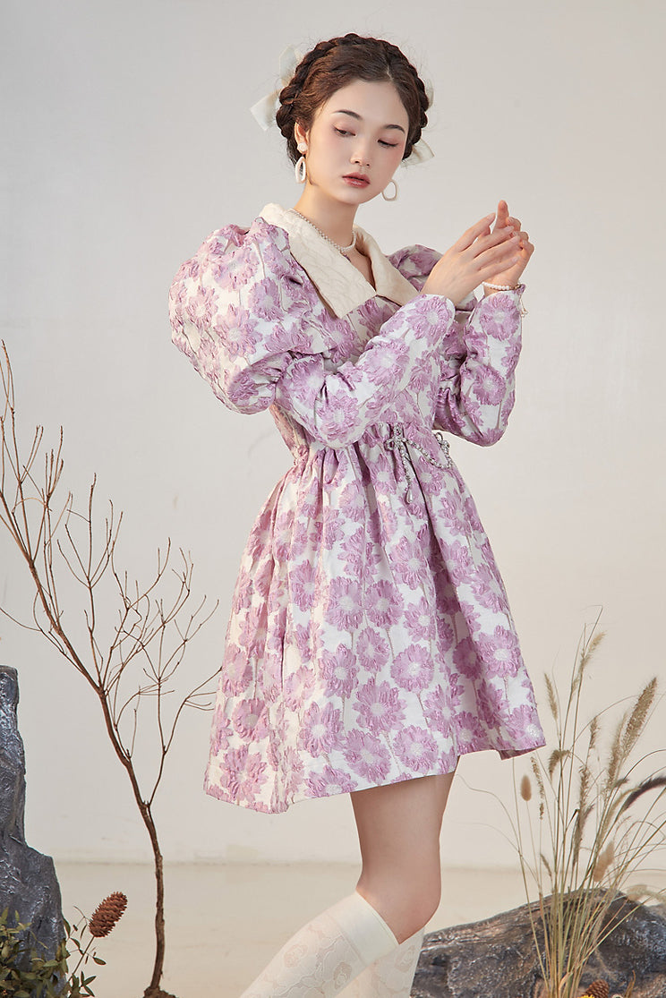 Puff Sleeve Daisy Jacquard Dress (Pink)