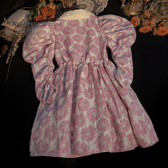 Puff Sleeve Daisy Jacquard Dress (Pink)
