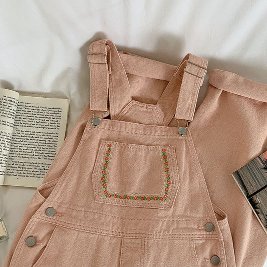 Daisy Chain Embroidered Denim Overalls (Pink)