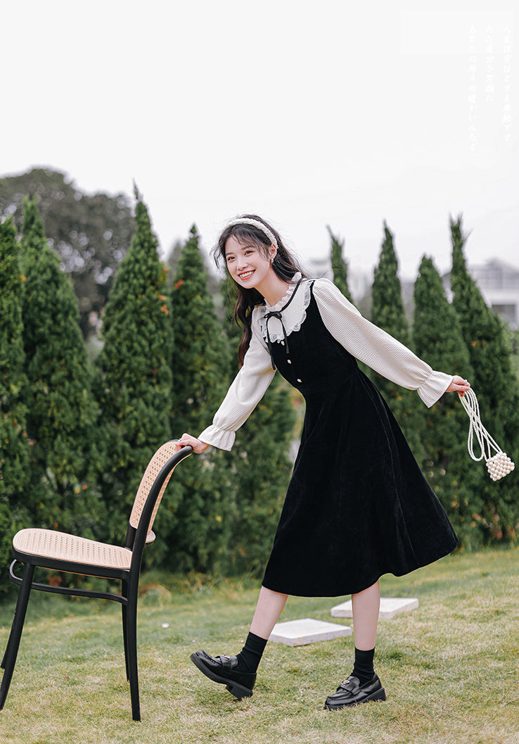 Frilly High Neck Corduroy Sweater Dress (2 Colors)