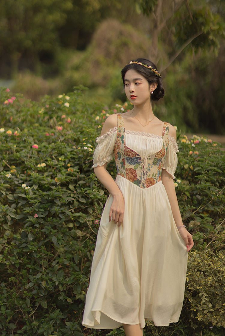 Rustic Floral Corset Twofer Dress (Cream)