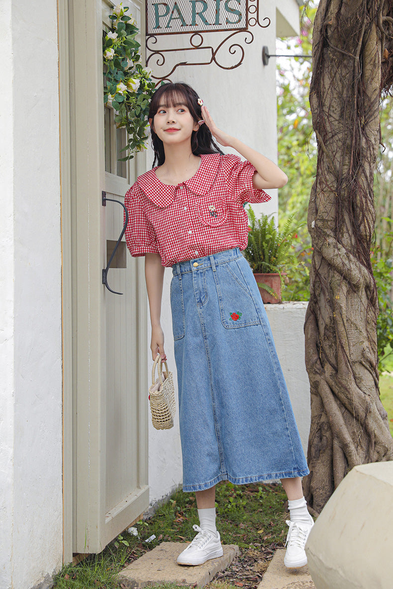 Daisy Pocket Gingham Blouse (Red)