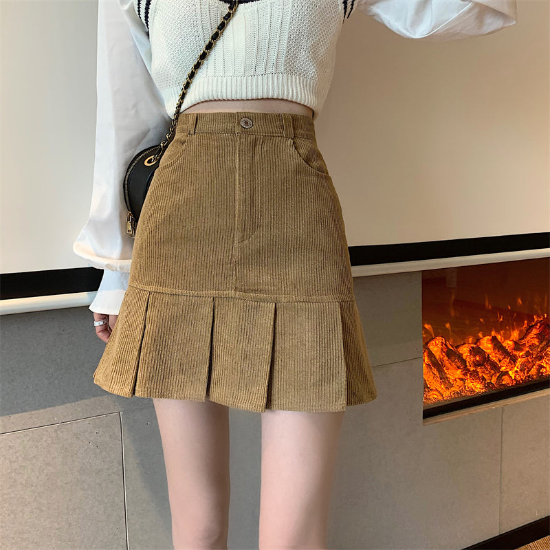 Corduroy Mermaid Pleated Skirt (2 Colors)