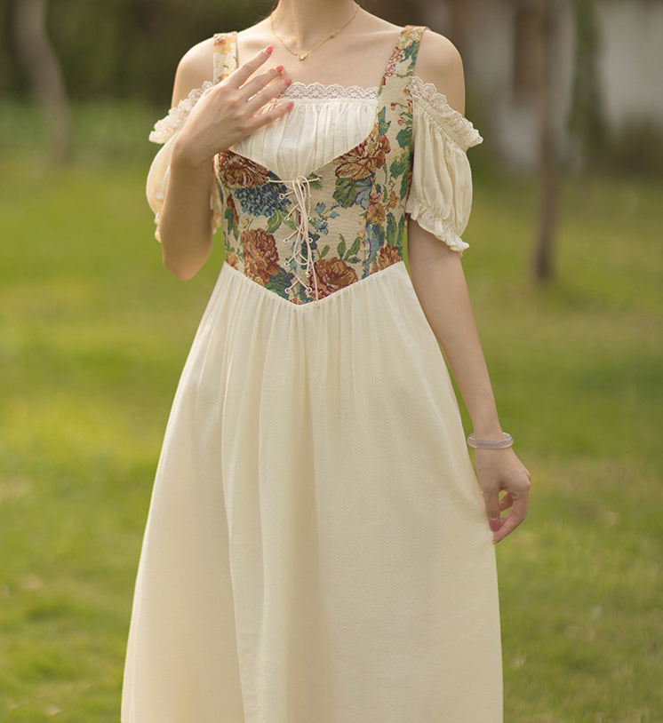 Rustic Floral Corset Twofer Dress (Cream)