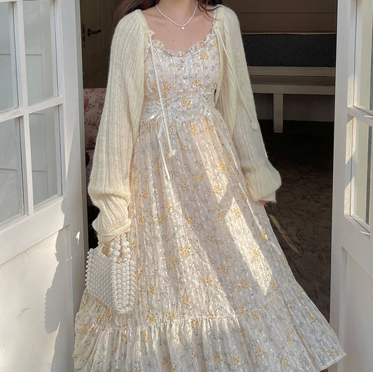 Ditsy Floral Lace Up Midi Dress (Cream/Yellow)