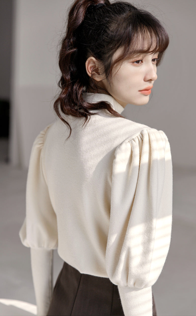 Puff Sleeve High Neck Sweater (Cream)