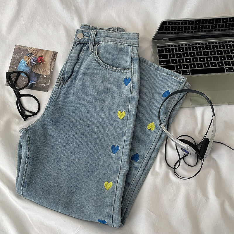Retro Hearts Embroidered Jeans (Light Denim)