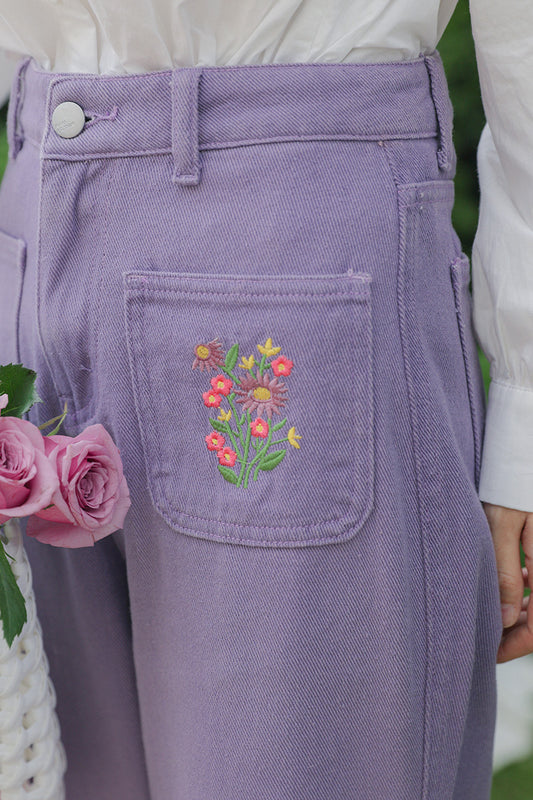 Embroidered Floral Pocket Jeans (Purple)