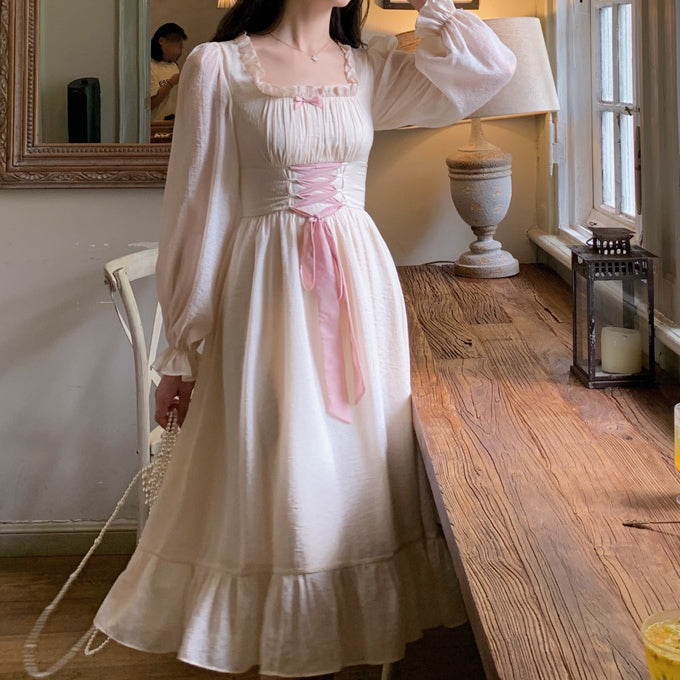 Meadow Corset Midi Dress (White/Pink)
