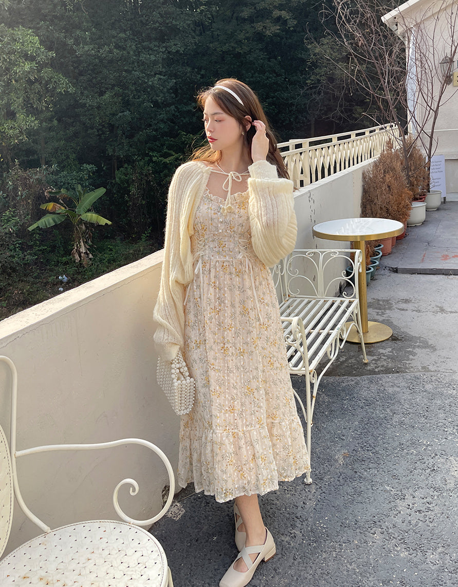 Ditsy Floral Lace Up Midi Dress (Cream/Yellow)