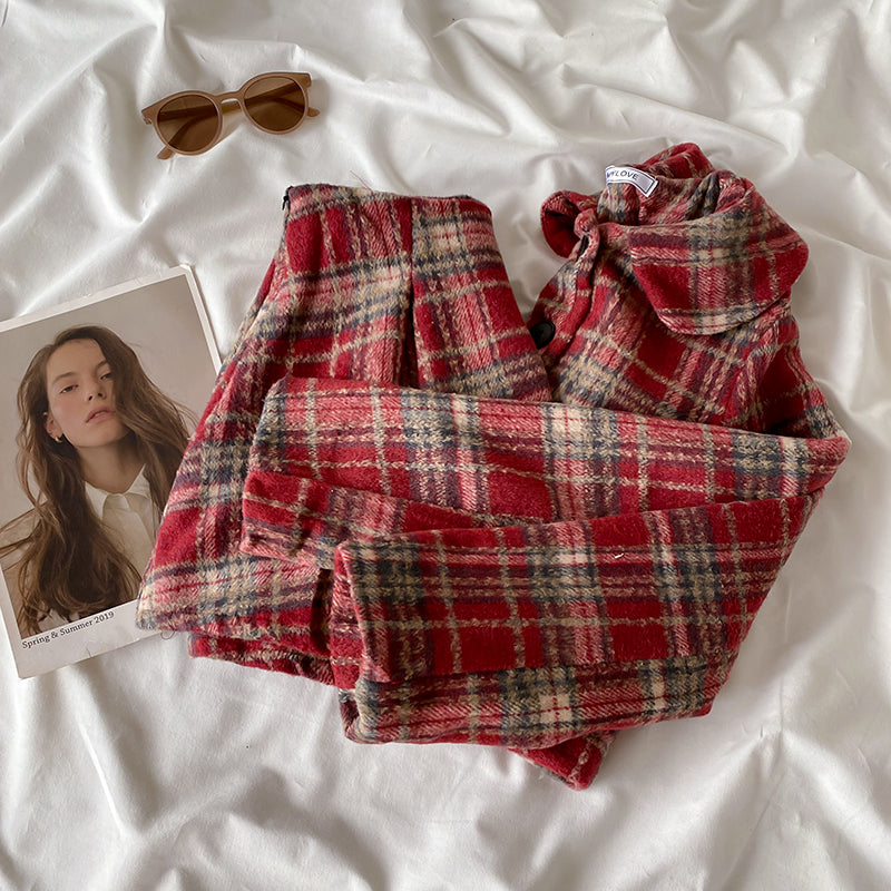 Berry Plaid Jacket & Skirt Set (Red)