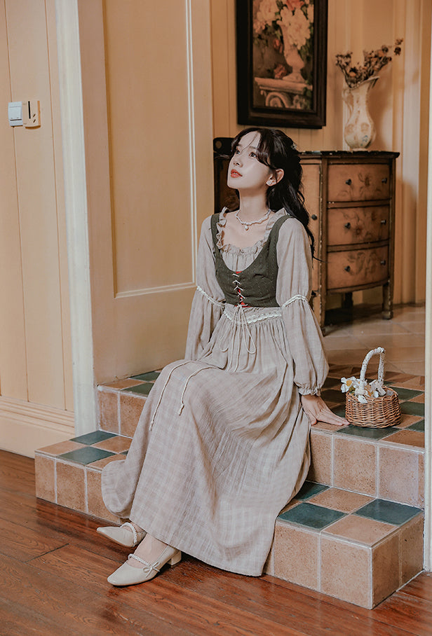 Country Corset Midi Dress (Beige/Olive)