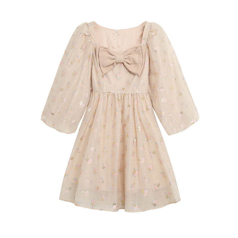 Puff Sleeve Bow Floral Jacquard Dress (Beige)