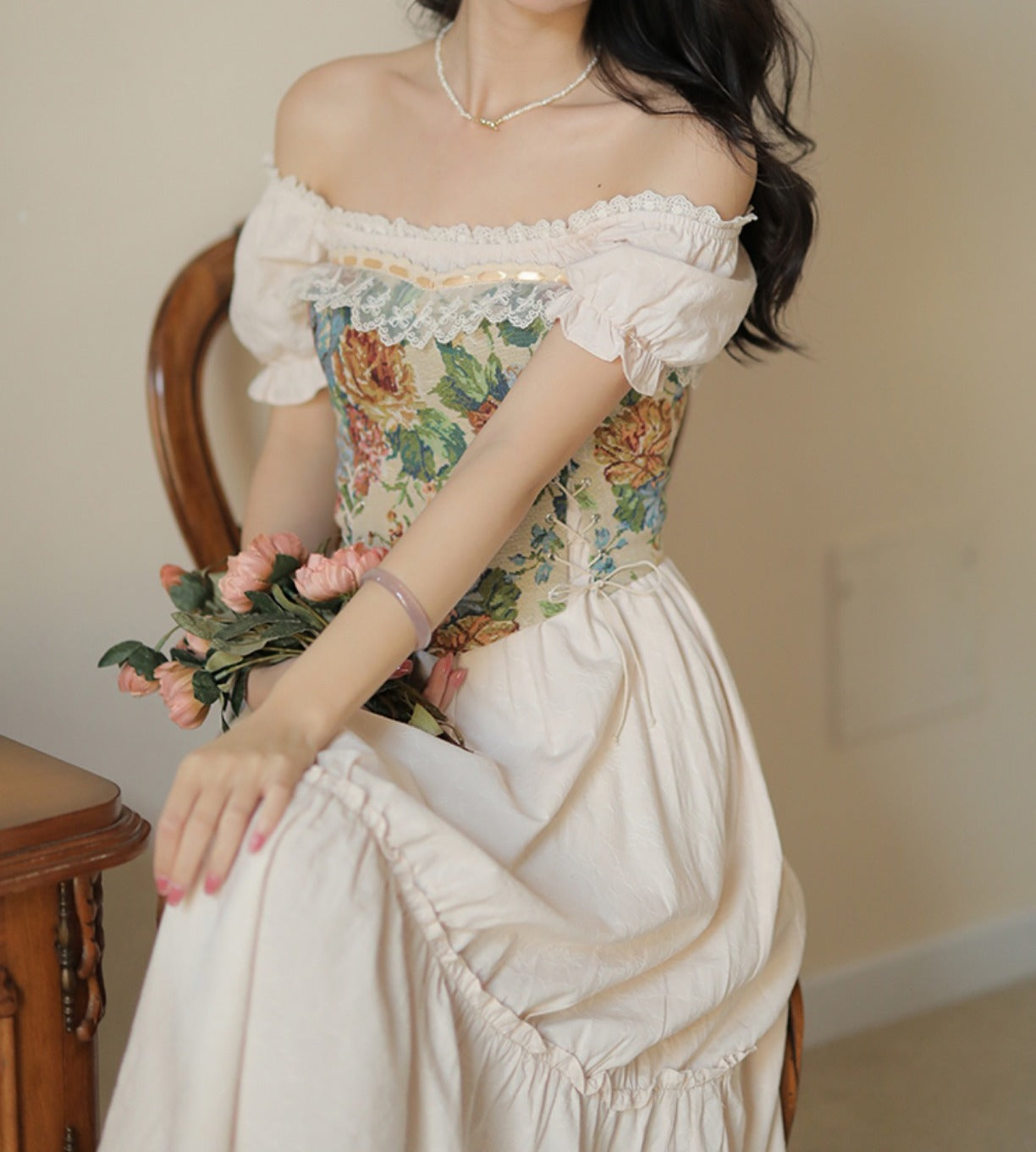 Rustic Floral Jacquard Corset (Beige)