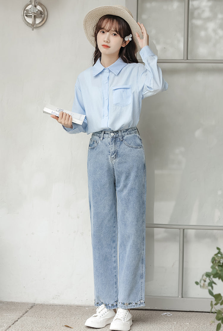 Flower Hem Embroidered Jeans (Acid Wash)