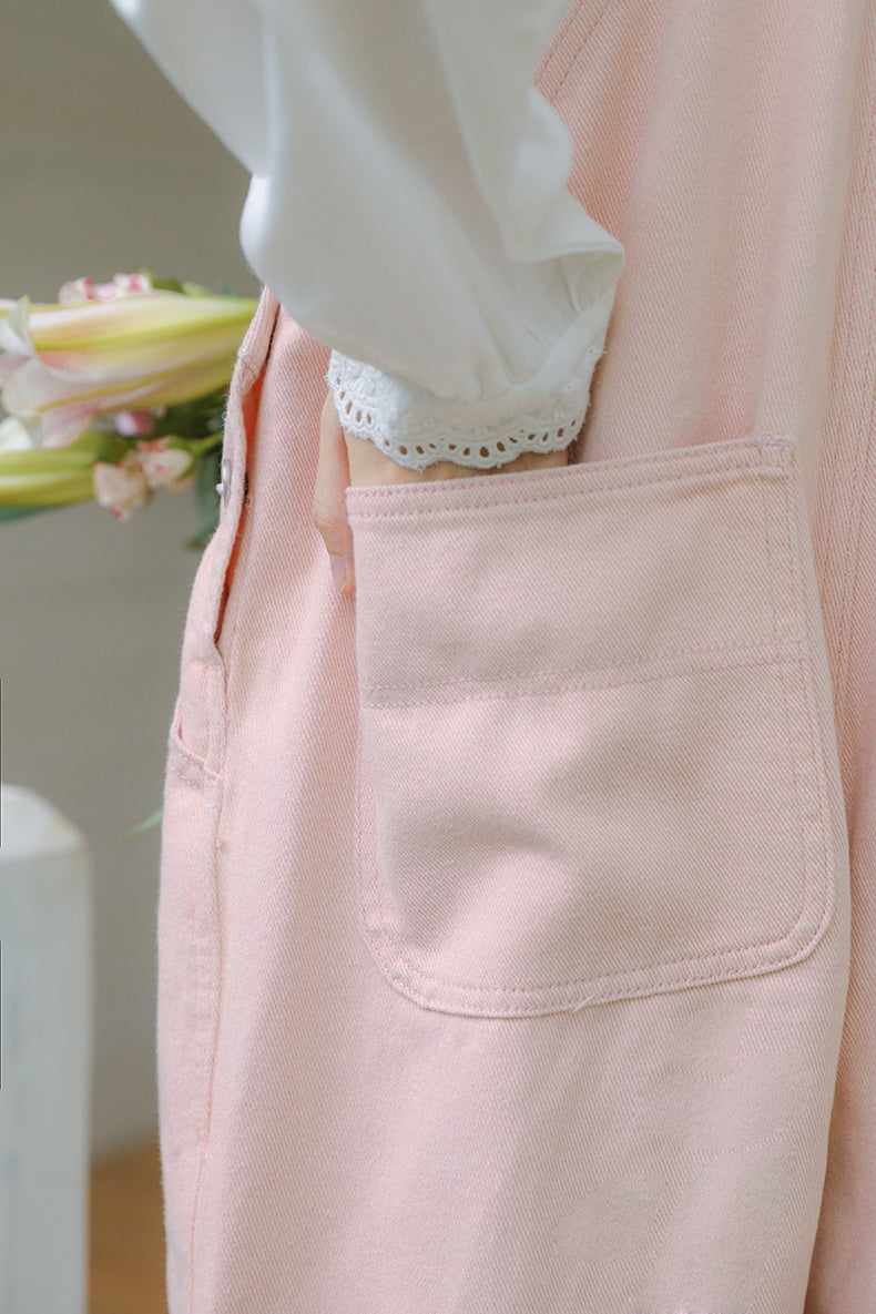 Daisy Chain Embroidered Denim Overalls (Pink)