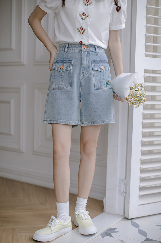 Embroidered Button Pocket Shorts (Light Denim)