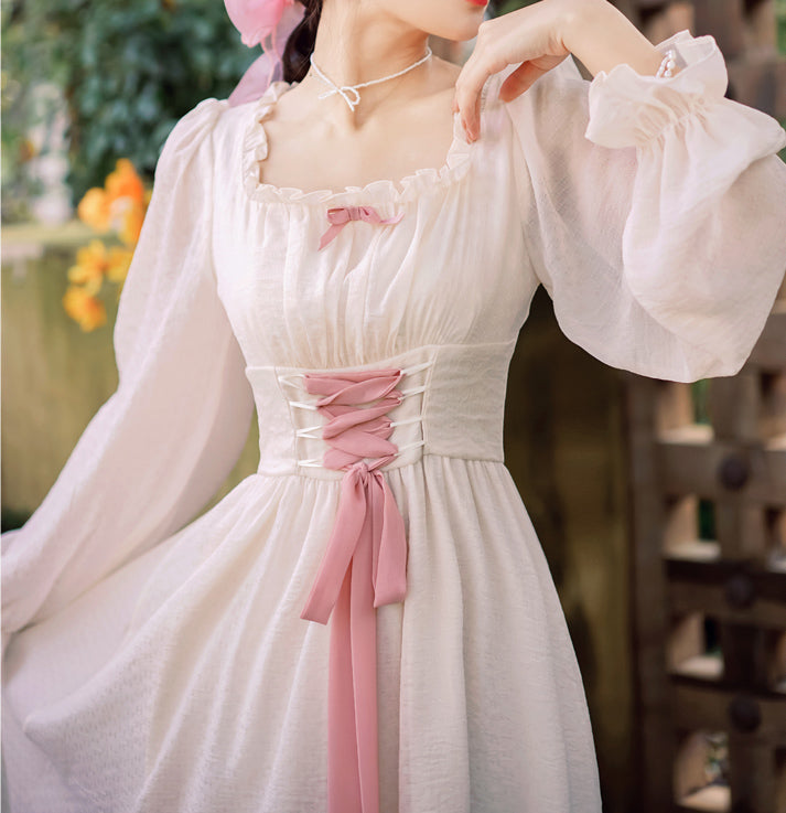 Meadow Corset Midi Dress (White/Pink)