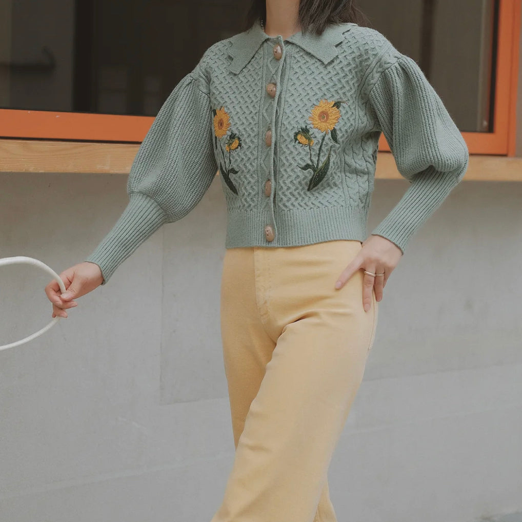 Sunflower Collared Cardigan (Sage)