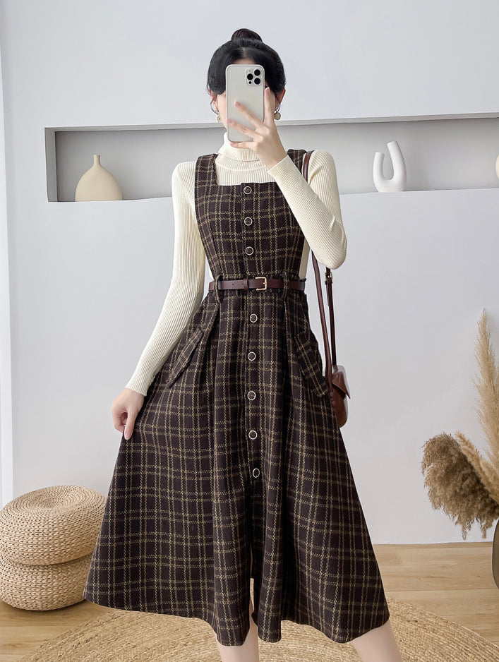 Button Up Plaid Pinafore Dress (2 Colors)